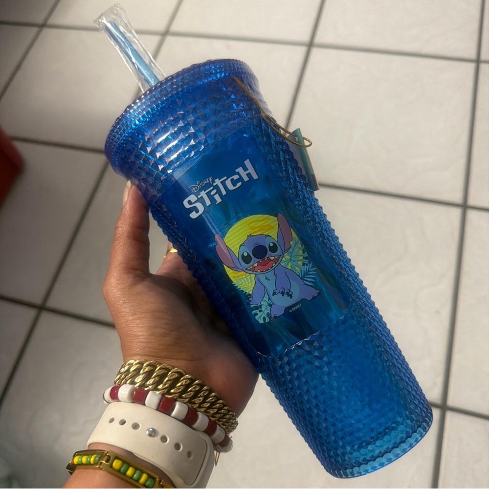 Stitch Cup Plastic Blue W Straw
